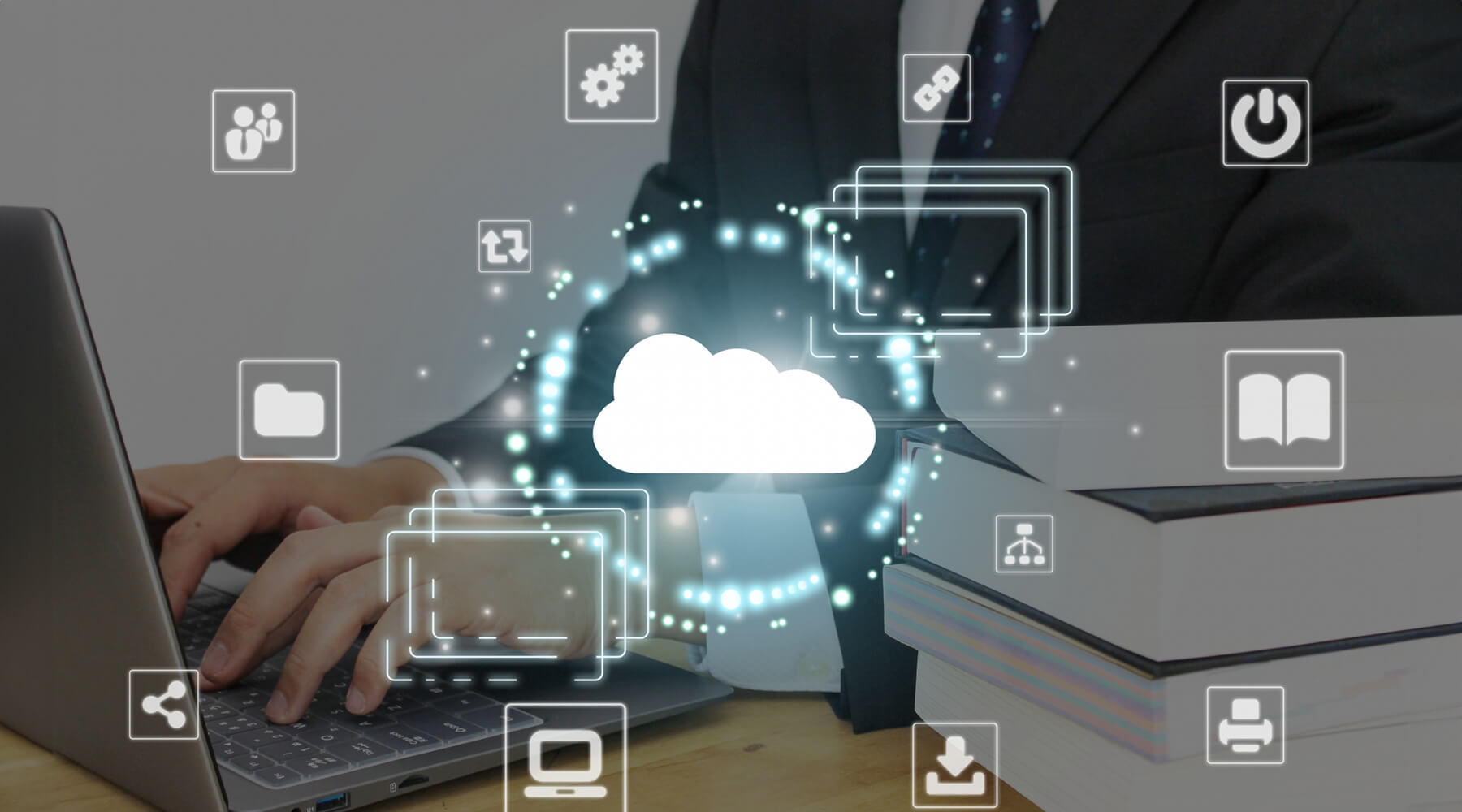 ビジネス環境でのクラウドコンピューティングの概念を示す画像